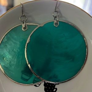 Blue Green Round Silver Earrings